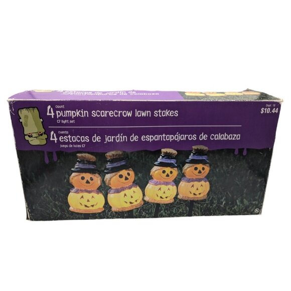 Vtg Halloween Blow Mold Pumpkin Scarecrow 4 Yard Lawn Stakes in box Fall - Picture 1 of 15